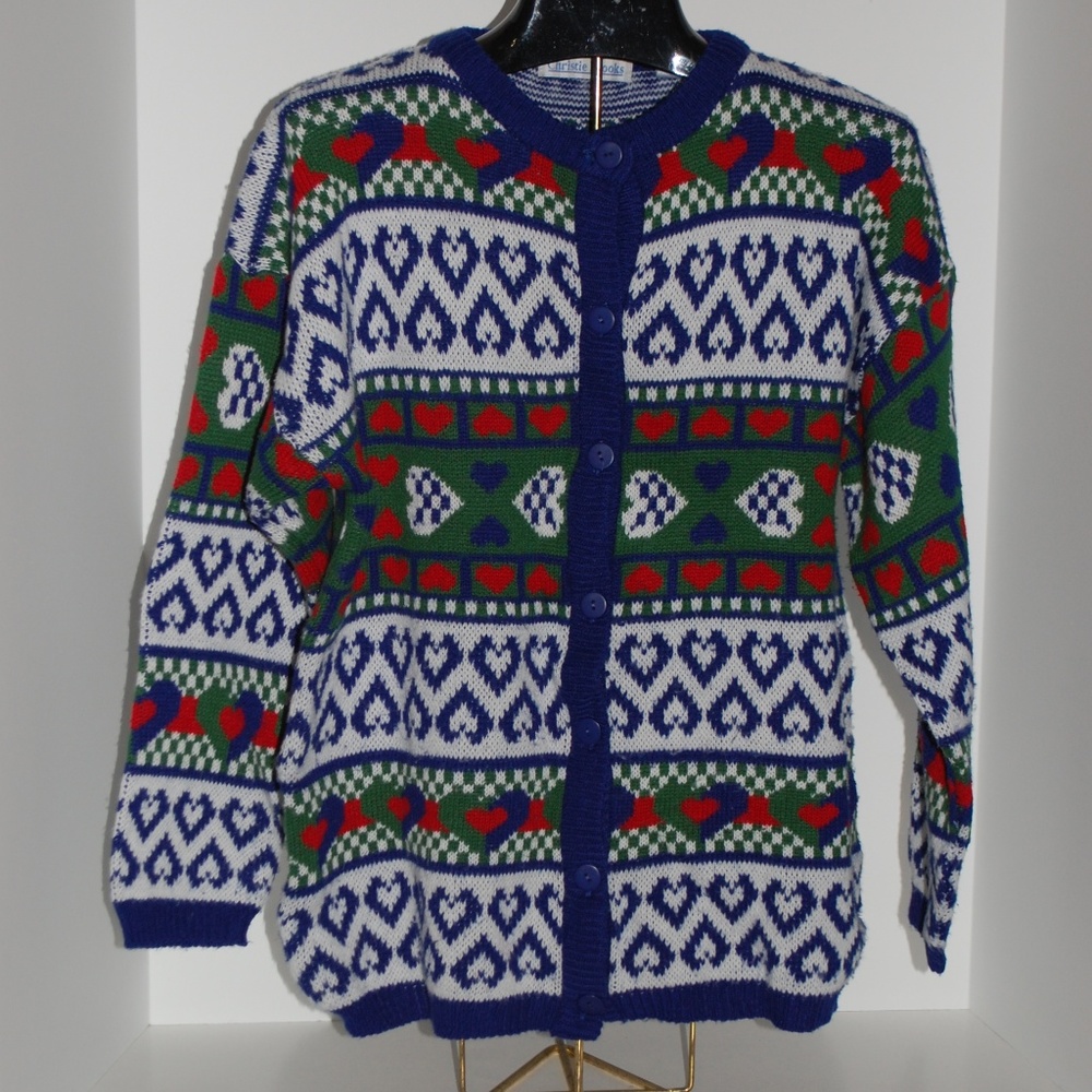 Christie Brooks Heart Pattern Cardigan Blue White